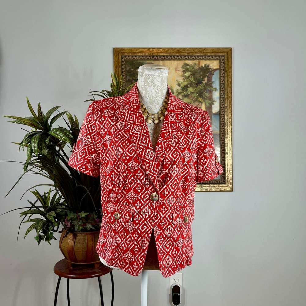 Ruby Rd Blazer Women 12 Red Cotton Geometric Ikat Short Sleeve Peplum Jacket